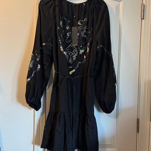Kobi Halperin Black Long-Sleeve Embroidered Dress with Multicolor Accents